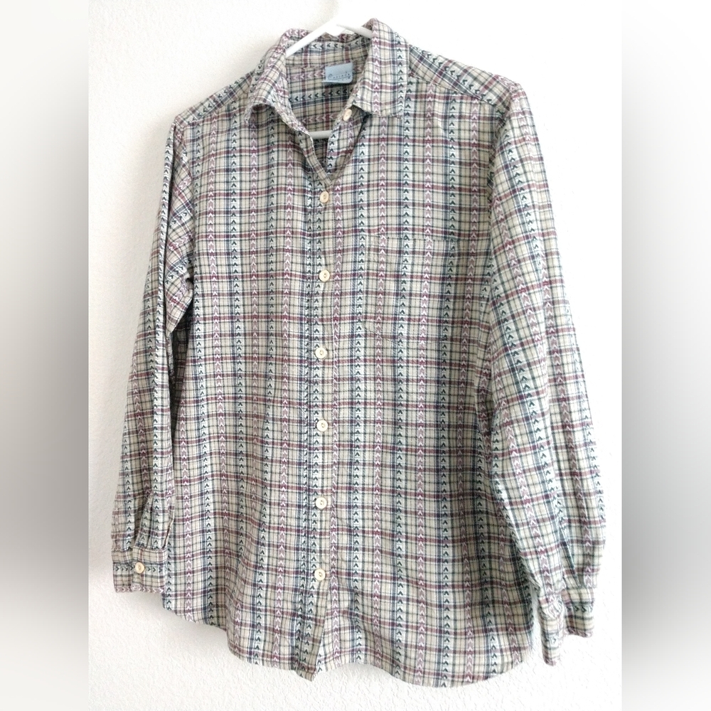 Cascade Blues Long Sleeve Shirt Plaid Beige Green Small Chest 38" Cottagecore